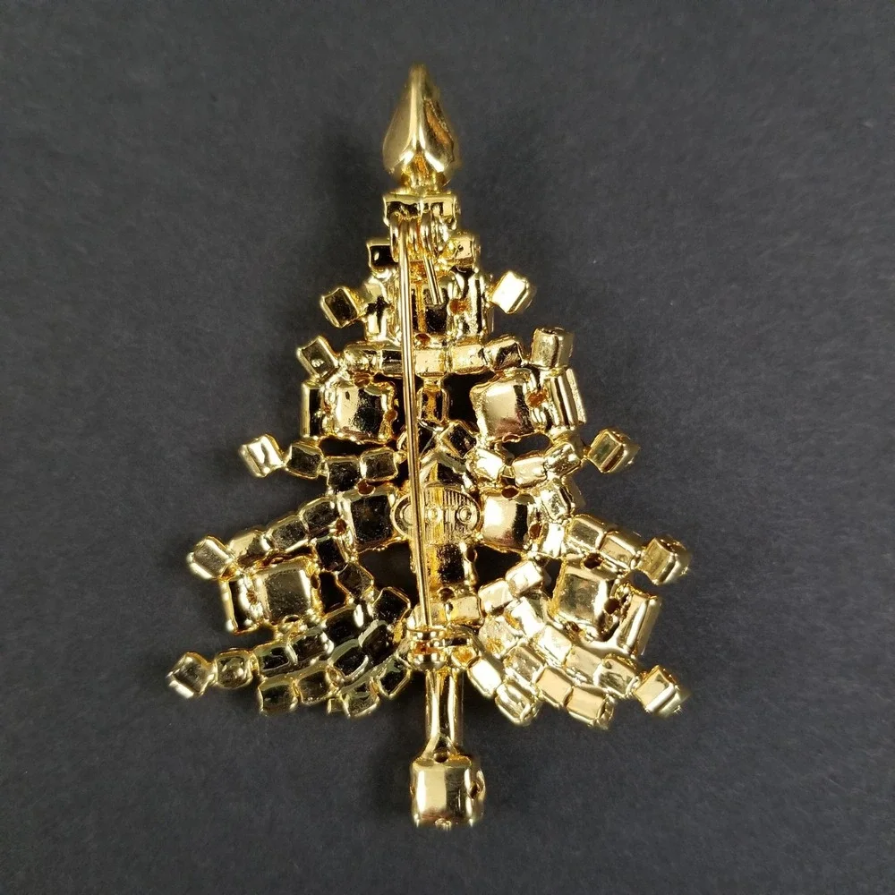 Lauren Spencer Austrian Crystal Christmas Tree Brooch Gold Tone‎ Holiday Pin